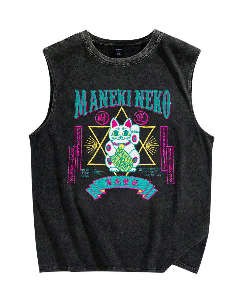 Maneki Neko Lucky Cat Vintage Distressed Washed Tank Top