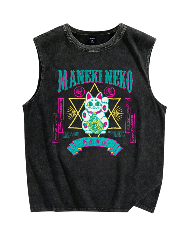 Maneki Neko Lucky Cat Vintage Distressed Washed Tank Top