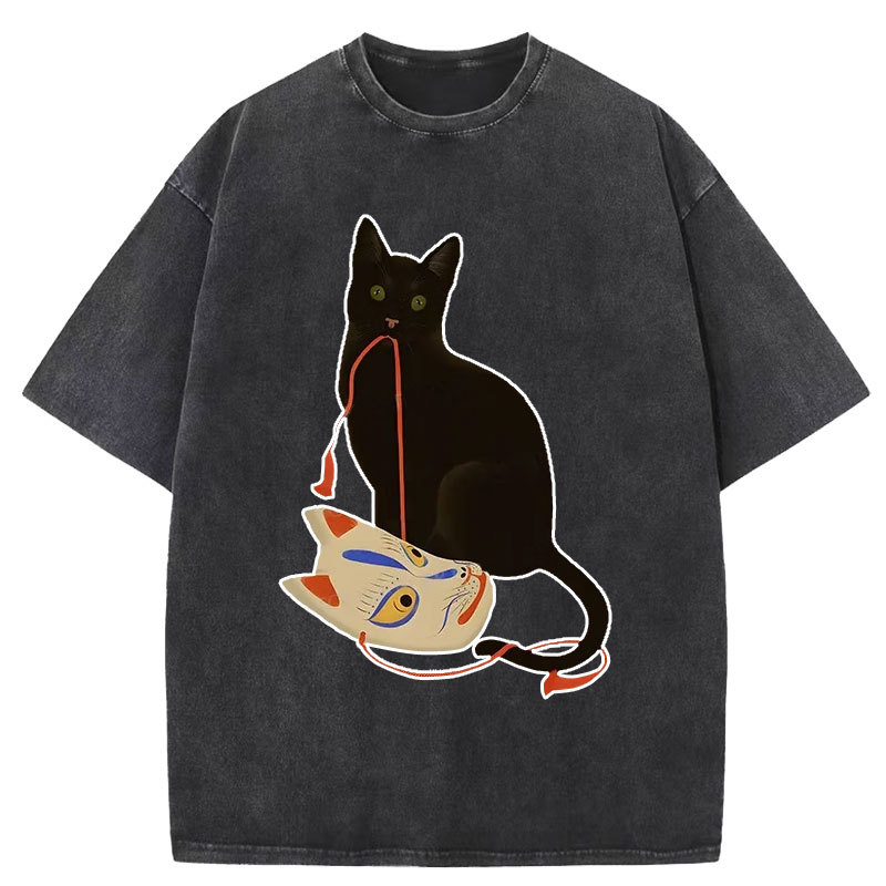Cat Holding A Fox Mask Washed T-Shirt