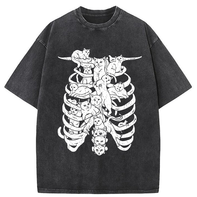 Cat Lying On The Skeleton Washed T-Shirt