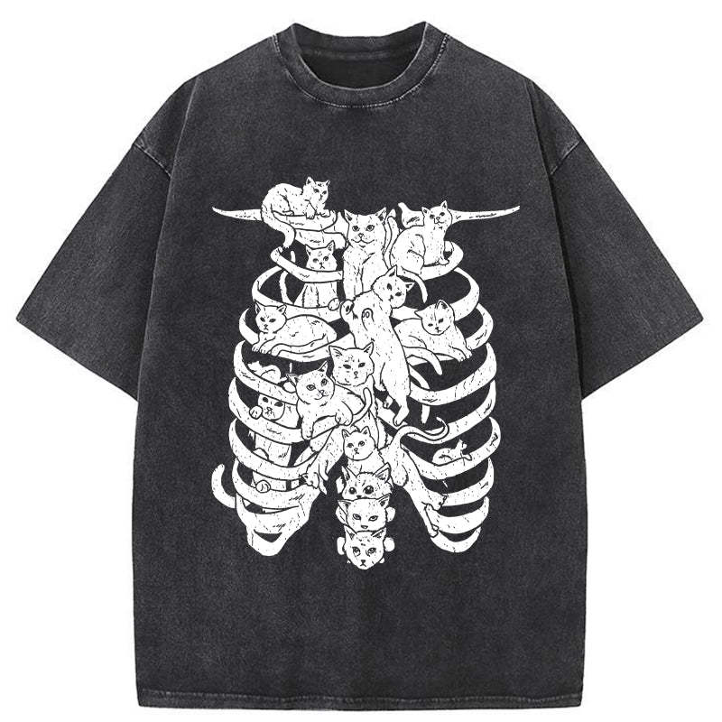 Cat Lying On The Skeleton Washed T-Shirt