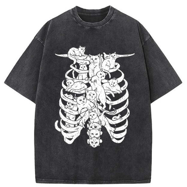 Cat Lying On The Skeleton Washed T-Shirt