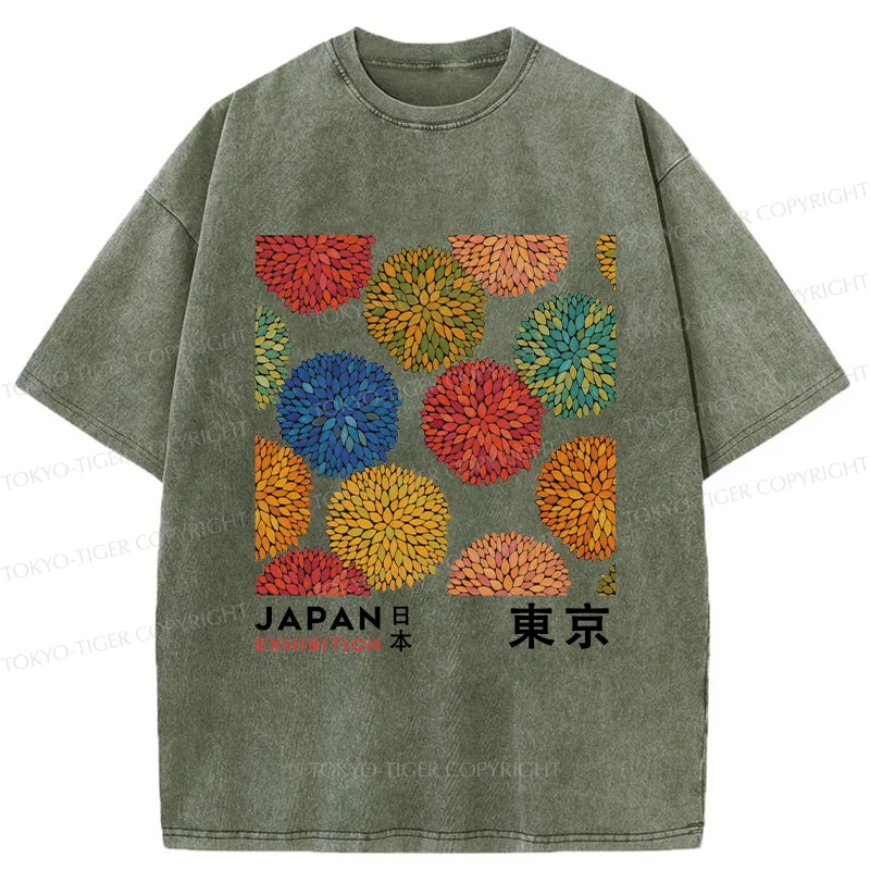 Unisex Japanese Flower Art Washed T-Shirt