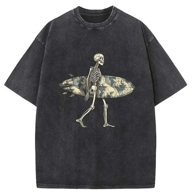 Skeleton Ready To Go Surfing Washed T-Shirt