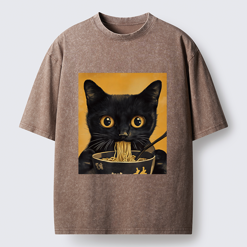 Unisex Cute Black Cat Eating A Big Bowl Of Ramen Washed T-Shirt