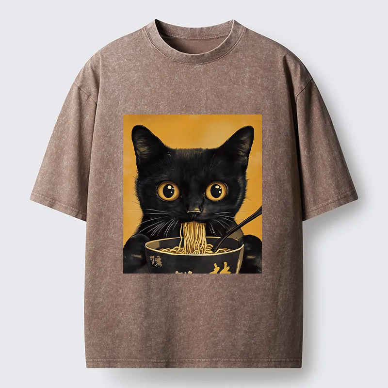Unisex Cute Black Cat Eating A Big Bowl Of Ramen Washed T-Shirt