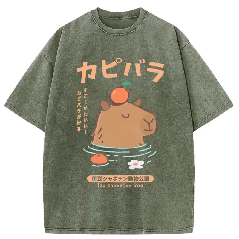 Capybara Soaking In Hot Springs Washed T-Shirt