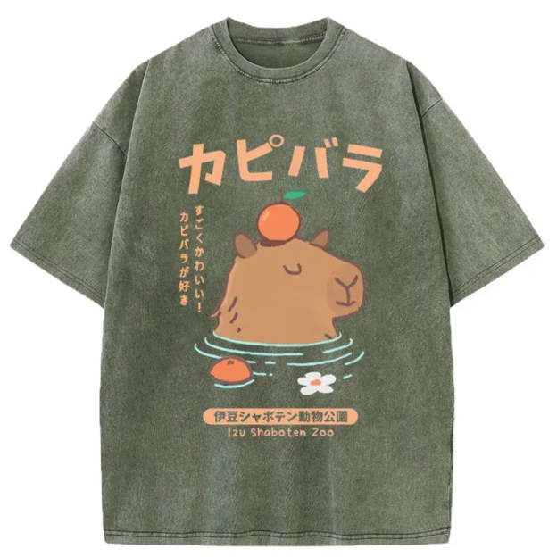 Capybara Soaking In Hot Springs Washed T-Shirt