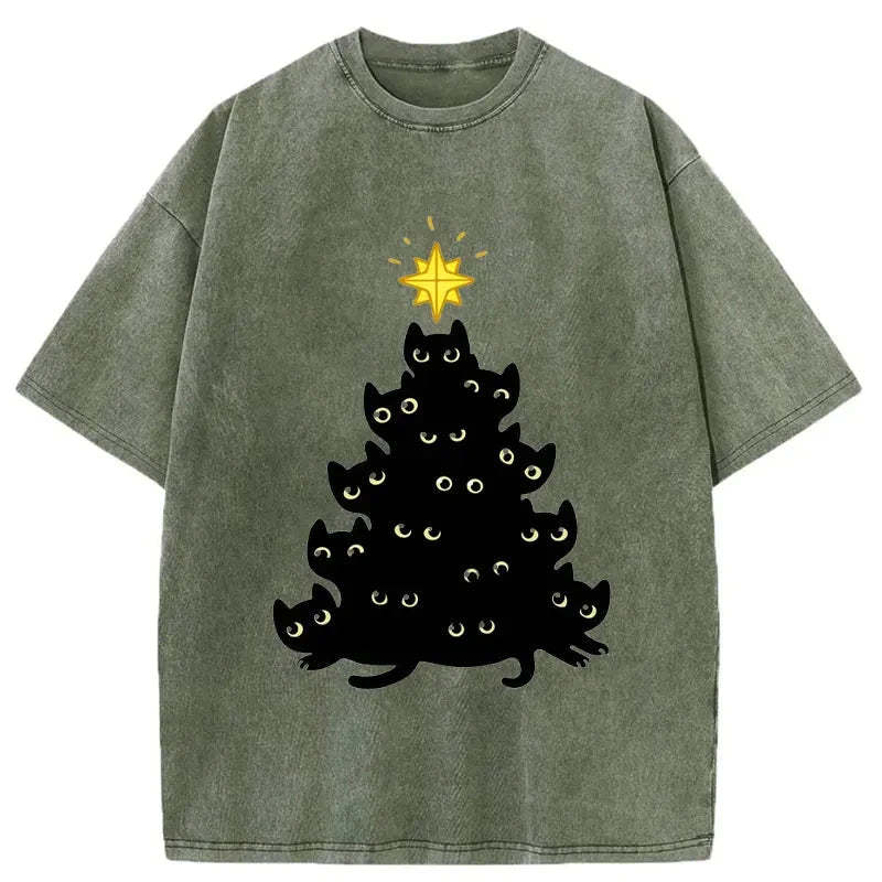 Black Cat Christmas Tree Washed T-Shirt
