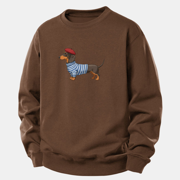 Dachshund Wearing Striped Sweater Print Relax Fit Sweatshirt