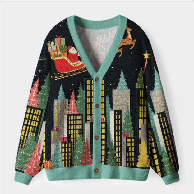 Unisex Santa’s Midnight Flight Ugly Cardigan Sweater
