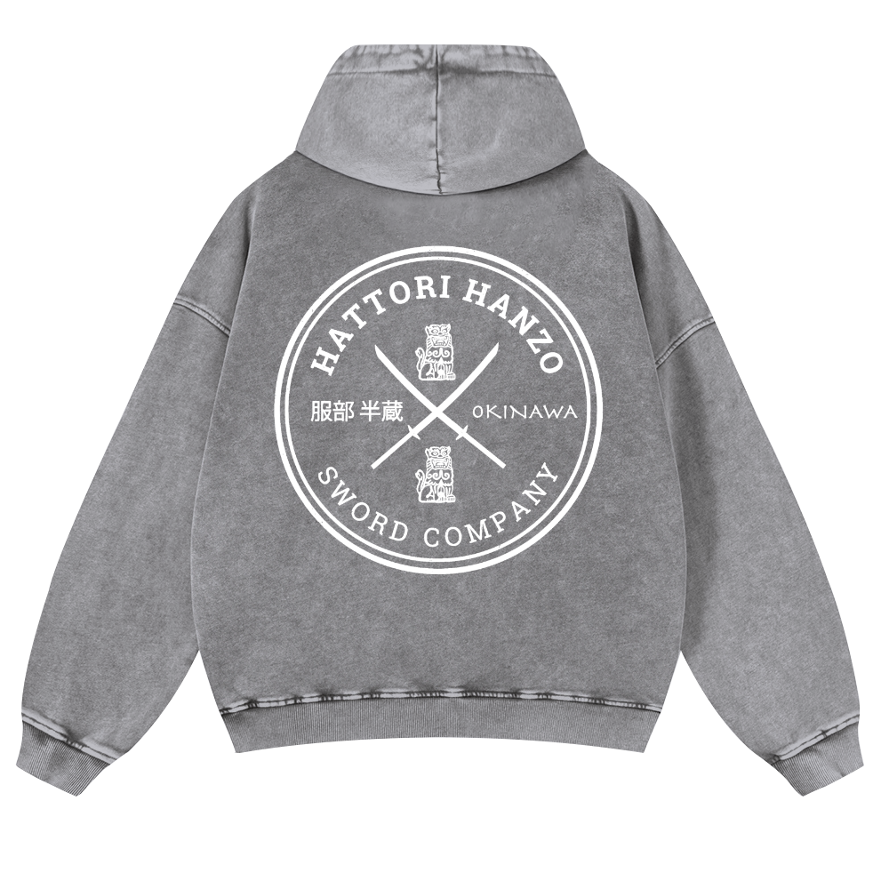 Hattori Hanzo Komainu Okinawa Sword Company Vintage Washed Cotton Back Art Hoodie