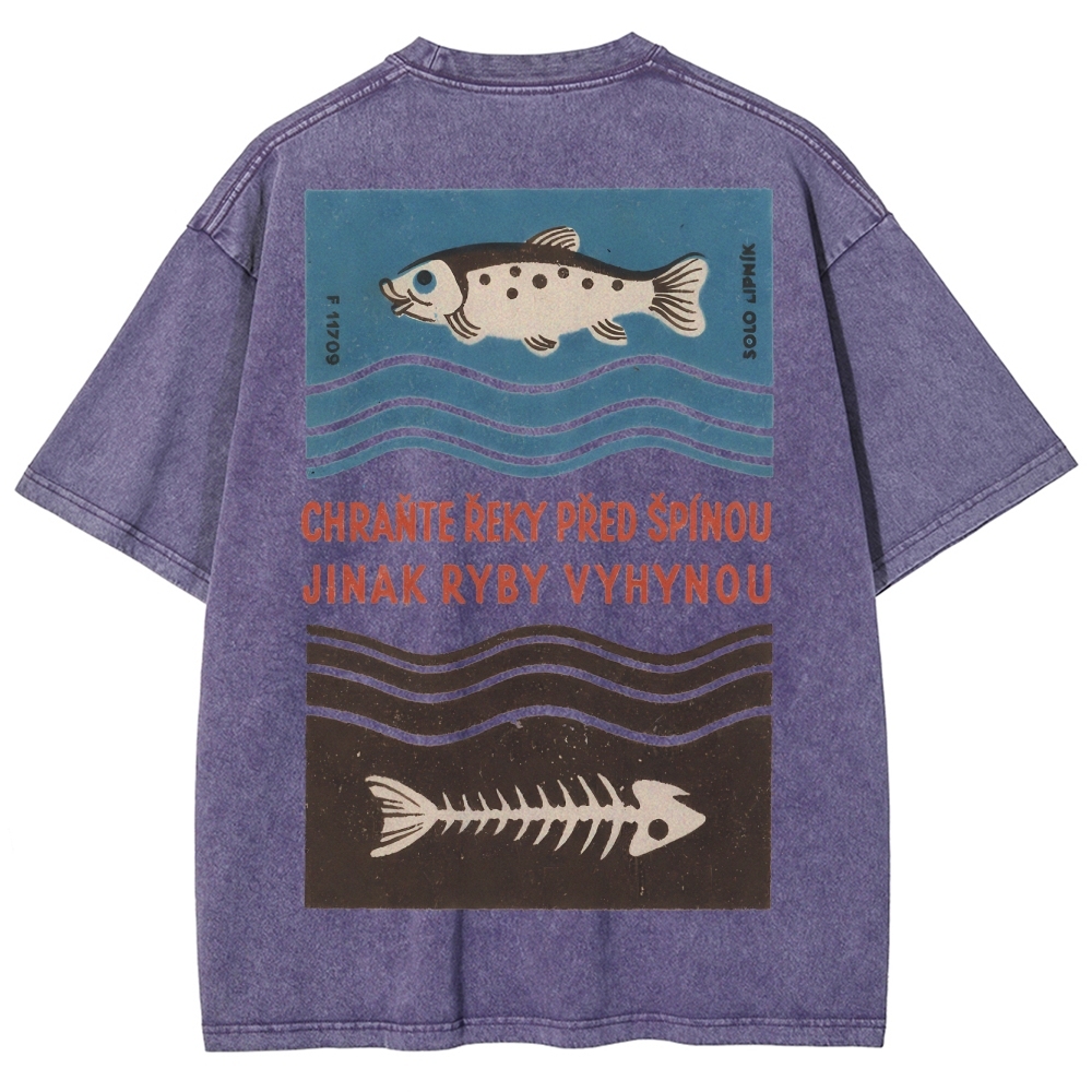 Fish And Fish Bone Washed Vintage Short Sleeves T-Shirt