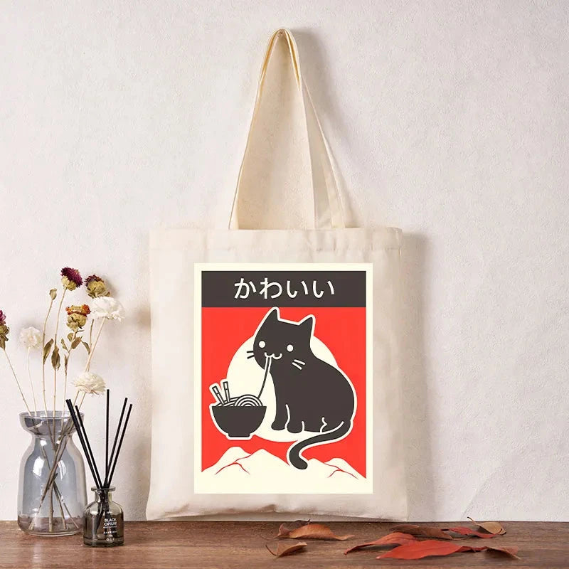  "Kawaii" Vintage Style Japenese Ramen Cat Tote Bag