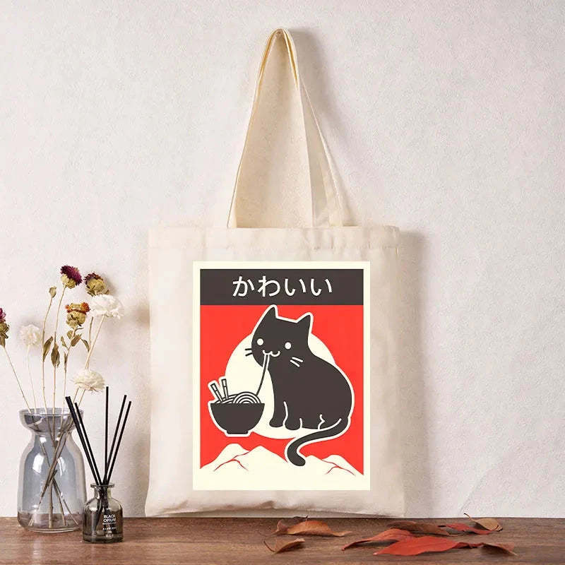 "Kawaii" Vintage Style Japenese Ramen Cat Tote Bag