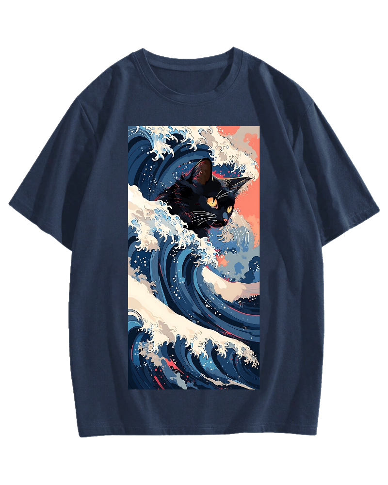Cat of the Great Wave off Kanagawa Cotton casual T-shirt