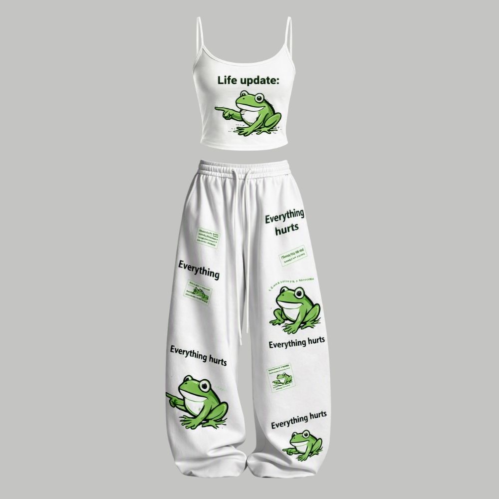 Meme Funny Frog Print Top & Elasticated Trousers Two-Piece Set