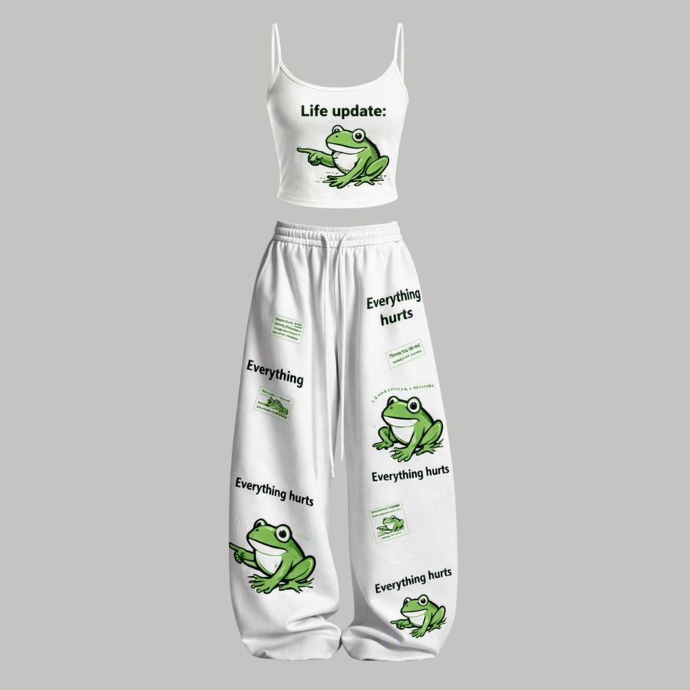 Meme Funny Frog Print Top & Elasticated Trousers Two-Piece Set