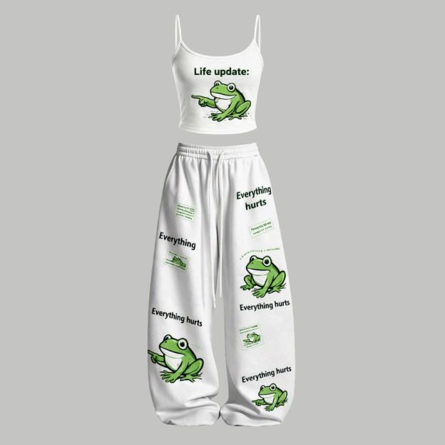 Meme Funny Frog Print Top & Elasticated Trousers Two-Piece Set