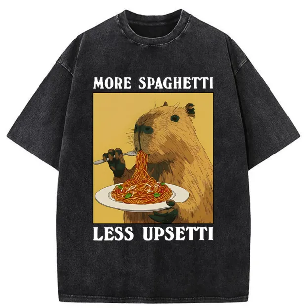 Unisex Capybara Eating Pasta Washed T-Shirt