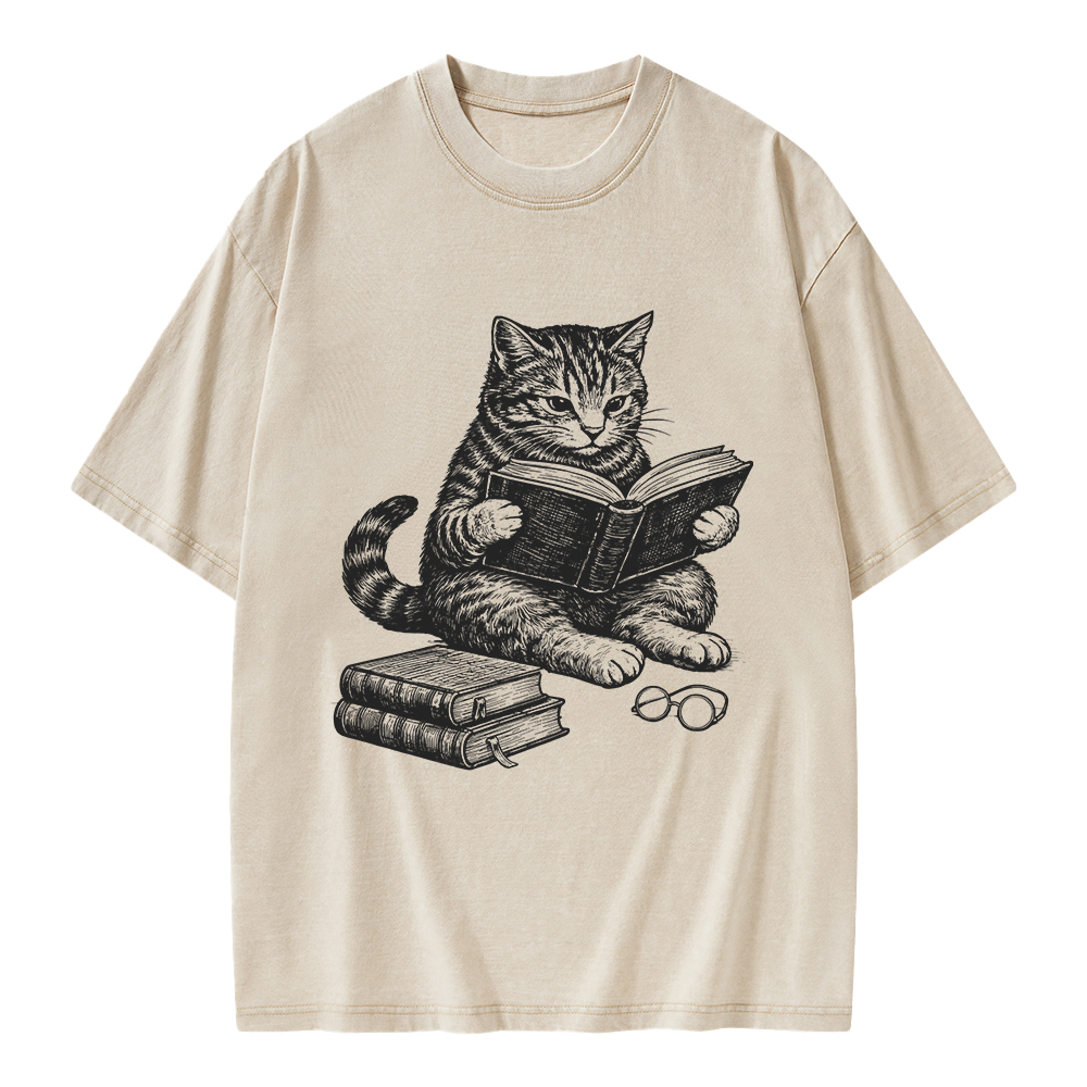 Unisex Cat Reading Book Printed Washed Tee