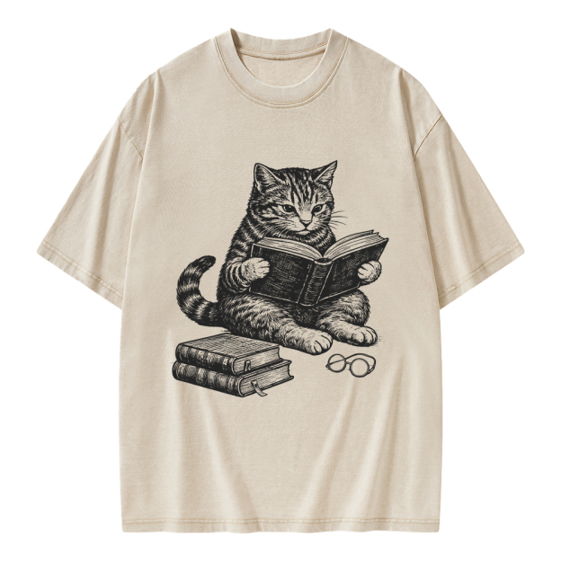 Unisex Cat Reading Book Printed Washed Tee
