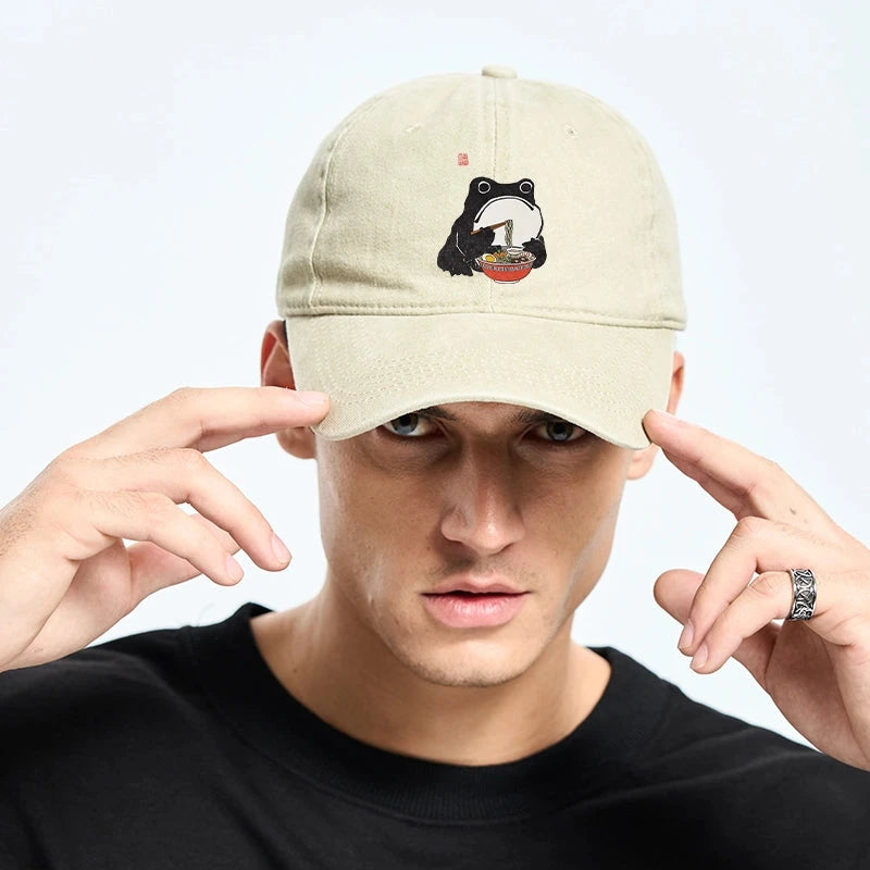  Funny Frog Eating Ramen Washed Cap