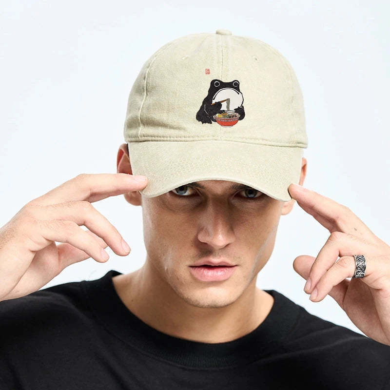  Funny Frog Eating Ramen Washed Cap