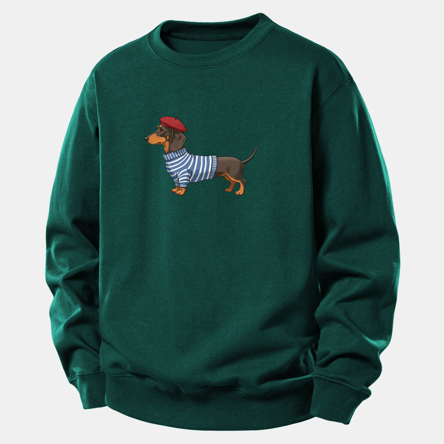 Dachshund Wearing Striped Sweater Print Relax Fit Sweatshirt