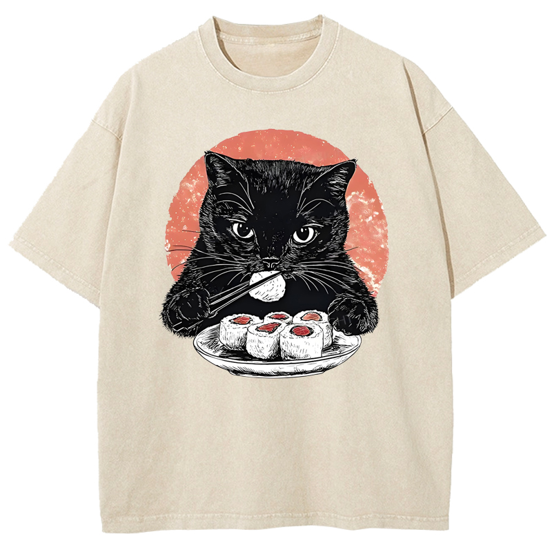  Cat Eating Delicious Sushi Washed T-Shirt