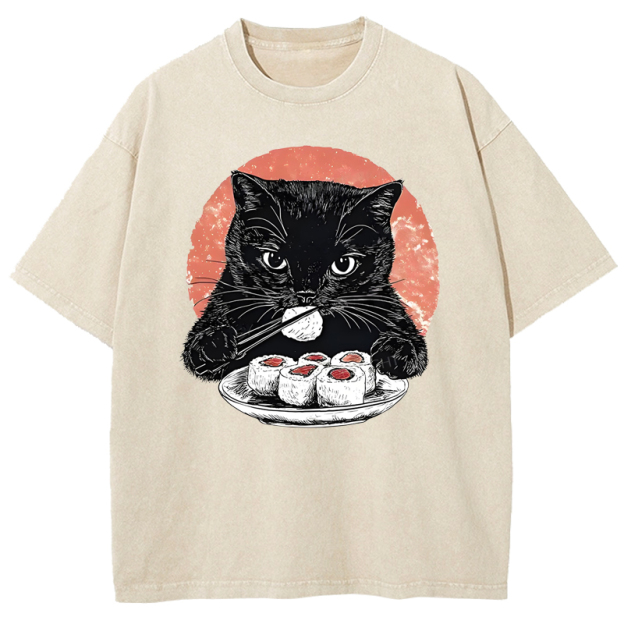 Cat Eating Delicious Sushi Washed T-Shirt