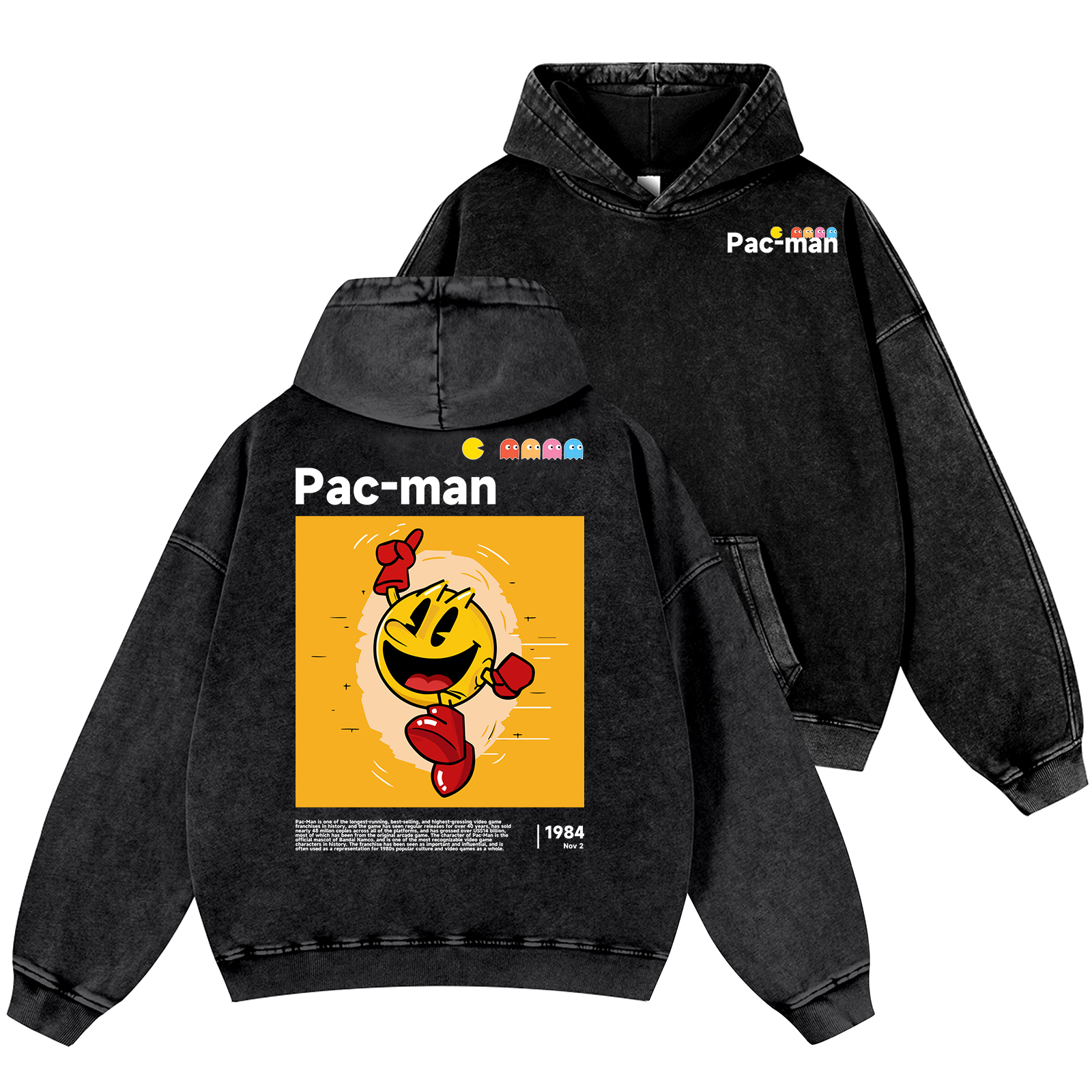 Pacman Vintage Washed Cotton Back Art Hoodie