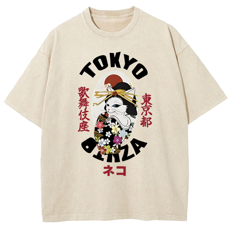 Geisha Cat Japan Washed T-Shirt