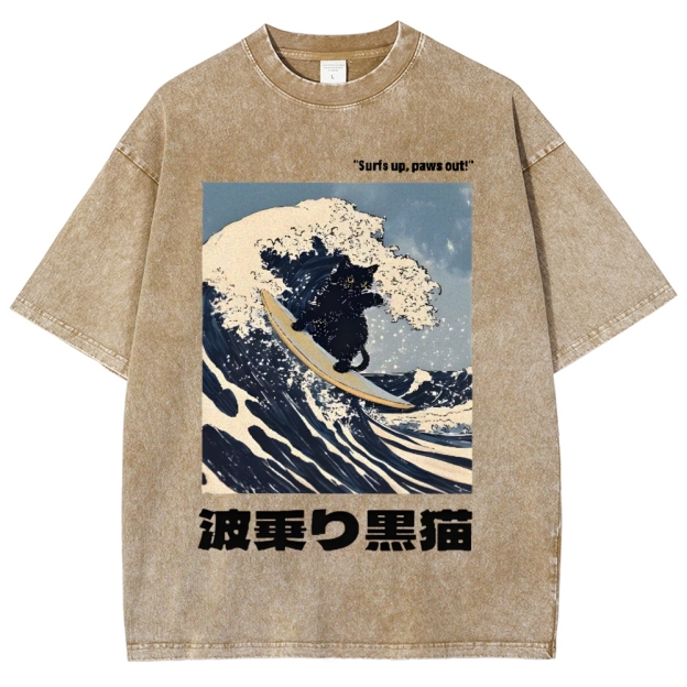 Black Cat Great Wave Vintage Wash Japanese Design T-Shirt