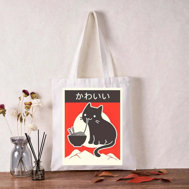  "Kawaii" Vintage Style Japenese Ramen Cat Tote Bag
