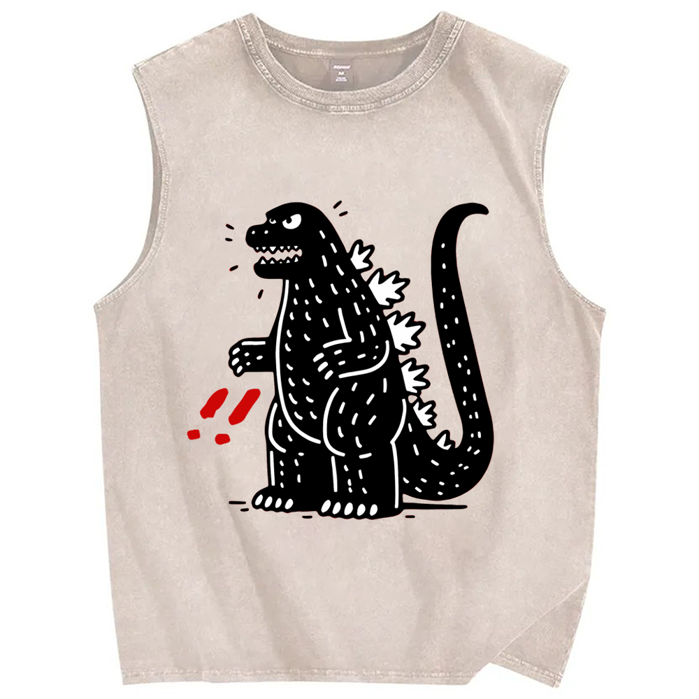 Unisex Godzilla Graffiti Printed Washed Tank Top