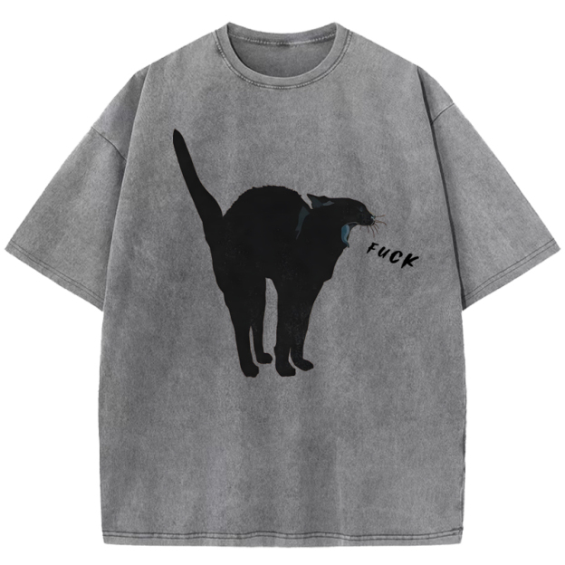  Unisex A Cat Yelling Fuck Print Washed T-Shirt