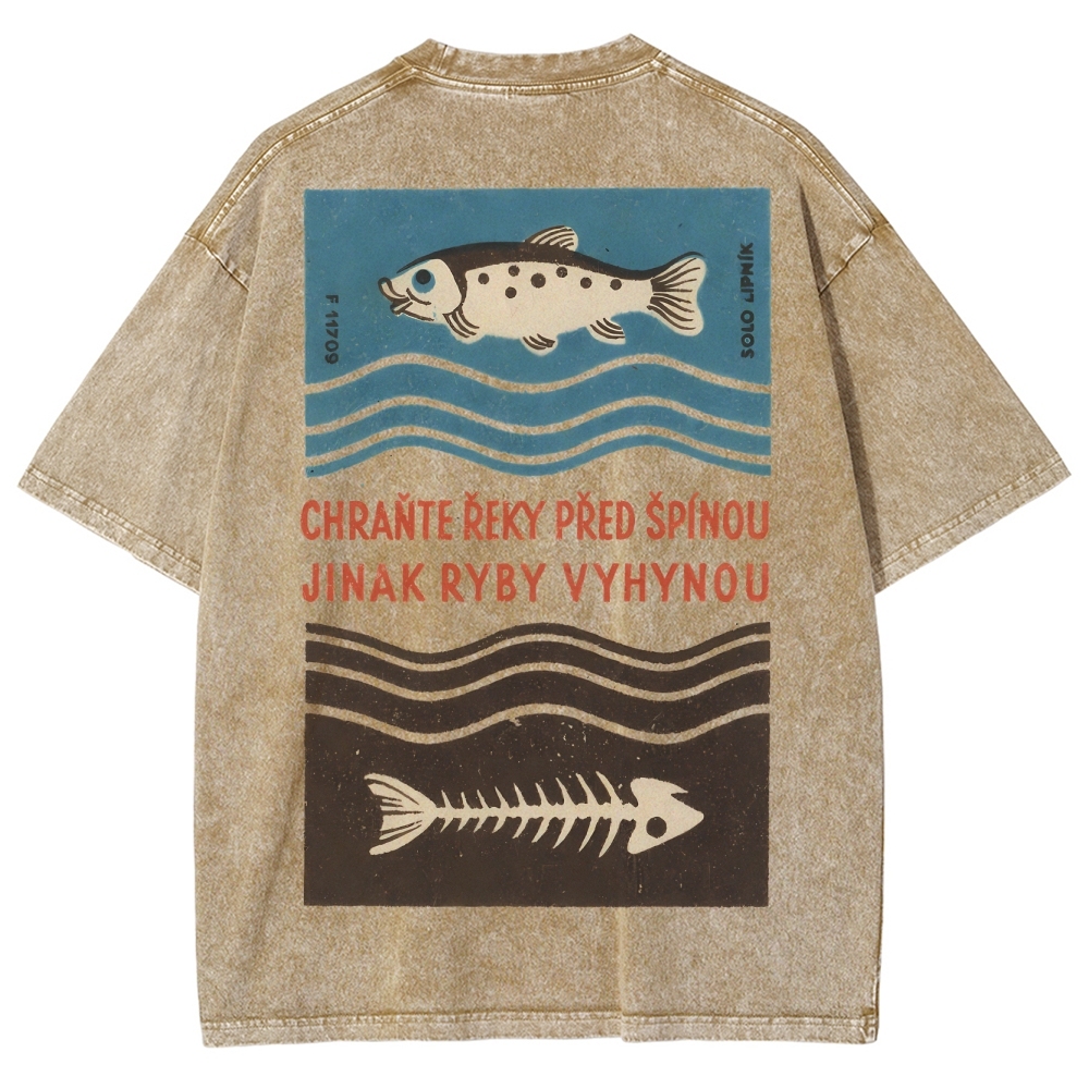 Fish And Fish Bone Washed Vintage Short Sleeves T-Shirt