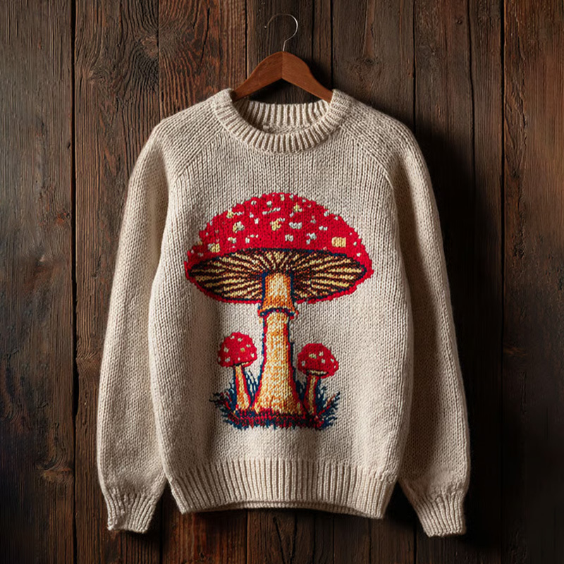 Women's Retro Mushroom Print Crew Neck Sweater