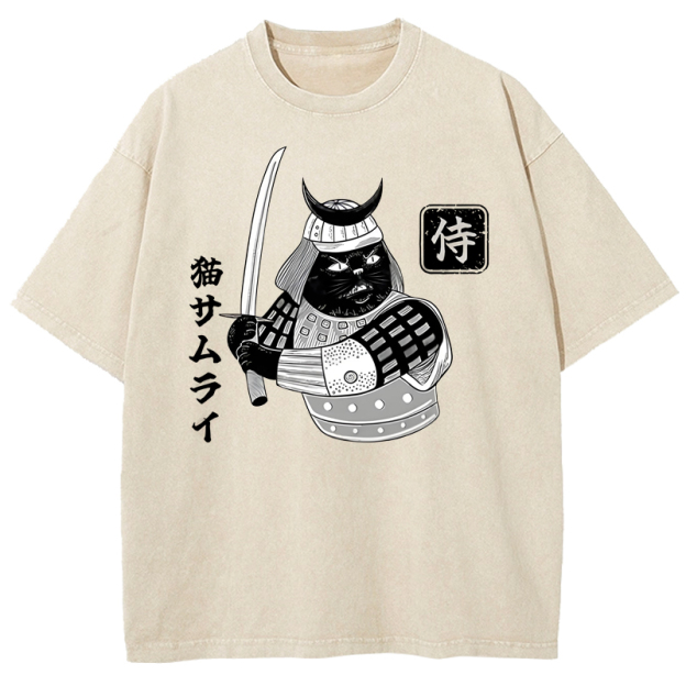  Cat Samurai With Sword Washed T-Shirt