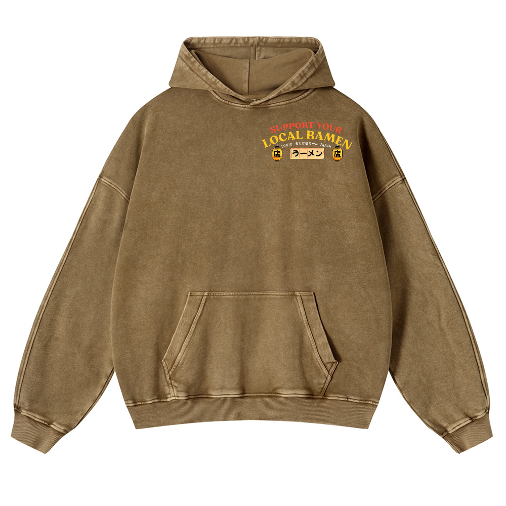 Ramen Lucky Cat Vintage Washed Cotton Back Art Hoodie