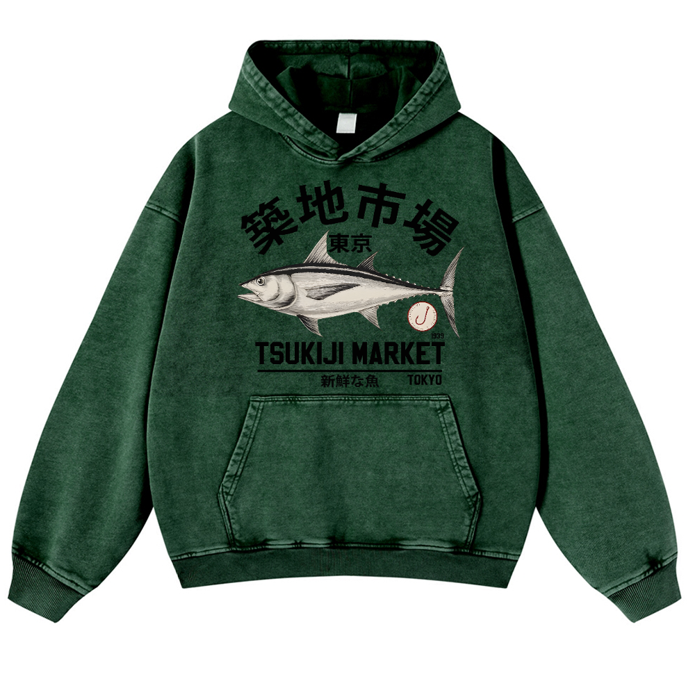 Tsukiji Tuna Fish Market Vintage Washed Thick Cotton Hoodie