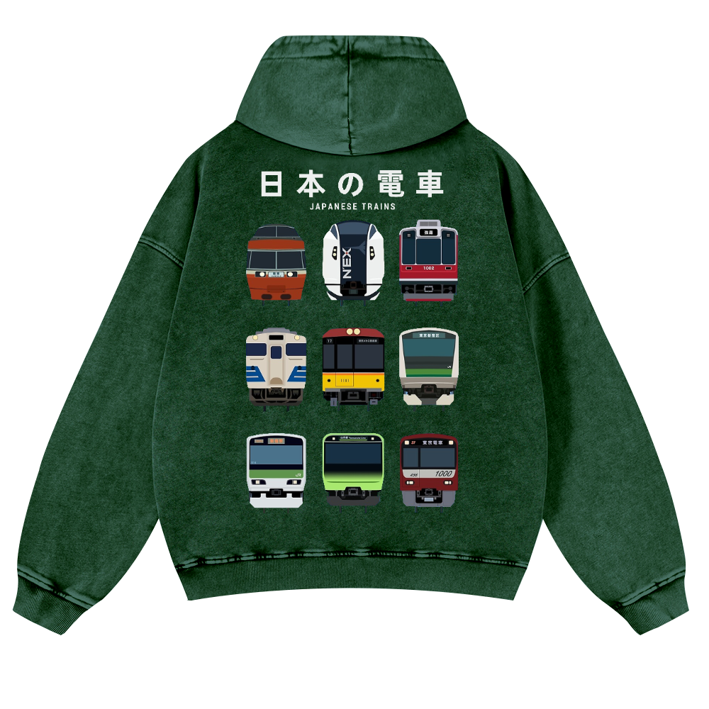 Japanese Trains Vintage Washed Cotton Back Art Hoodie