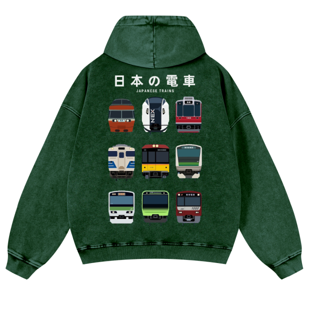Japanese Trains Vintage Washed Cotton Back Art Hoodie