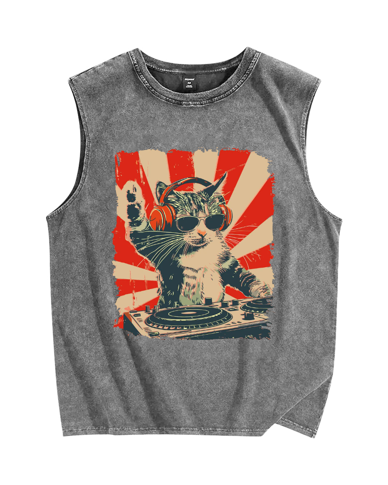 Cool Cat DJ Poster Showa Retro Vintage Distressed Washed Tank Top