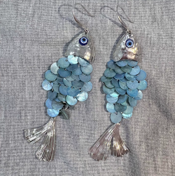 Vintage Blue Scale Fish Earrings