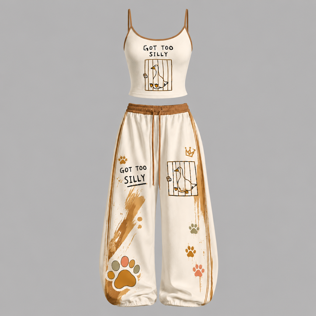 Cute Got Too Silly Duck Print Top & Elasticated Trousers Two-Piece Set