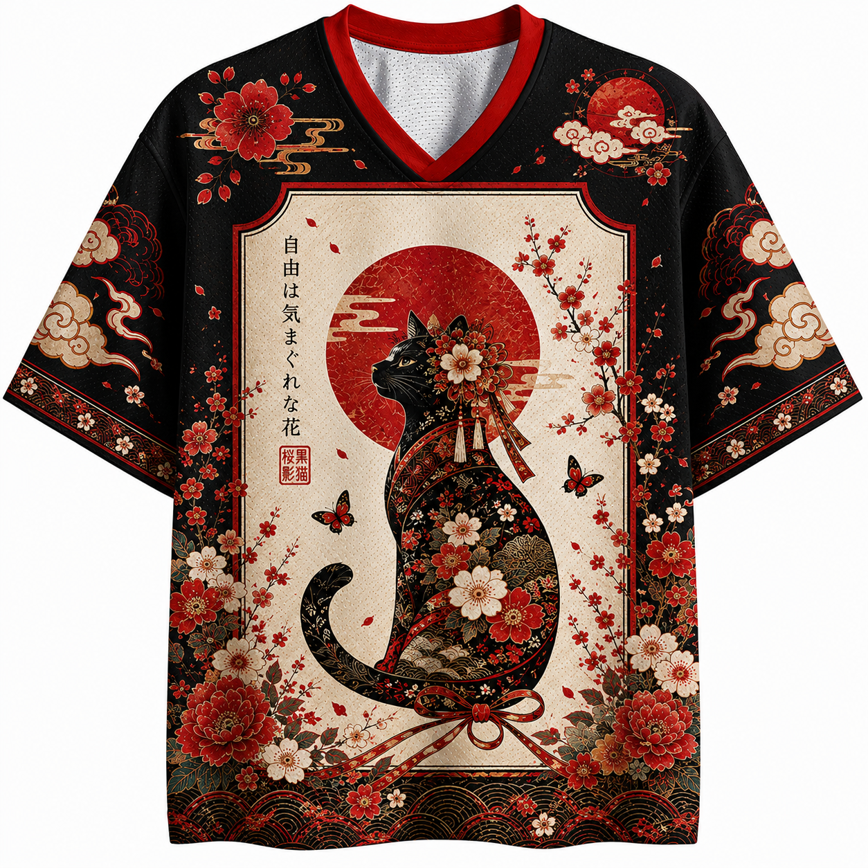Ukiyo‑e Sakura Black Cat Jersey Shirts