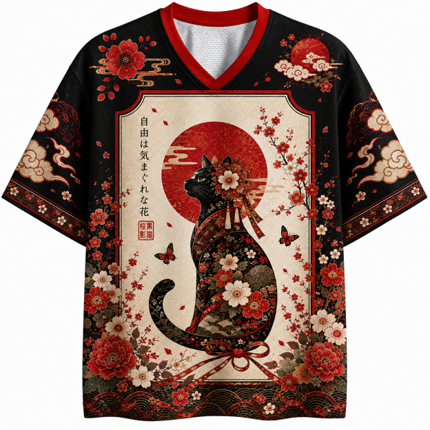 Ukiyo‑e Sakura Black Cat Jersey Shirts