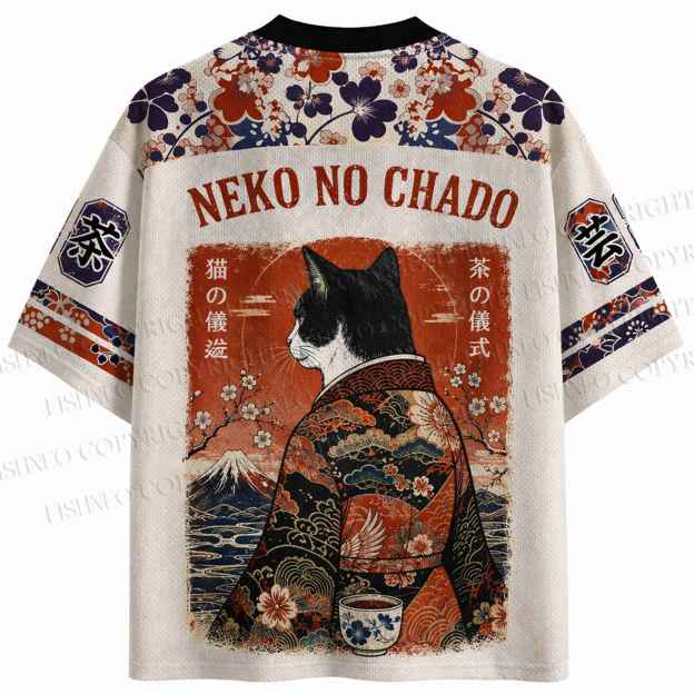 Vintage Ukiyo-e Tea Cat Print Jersey Shirts
